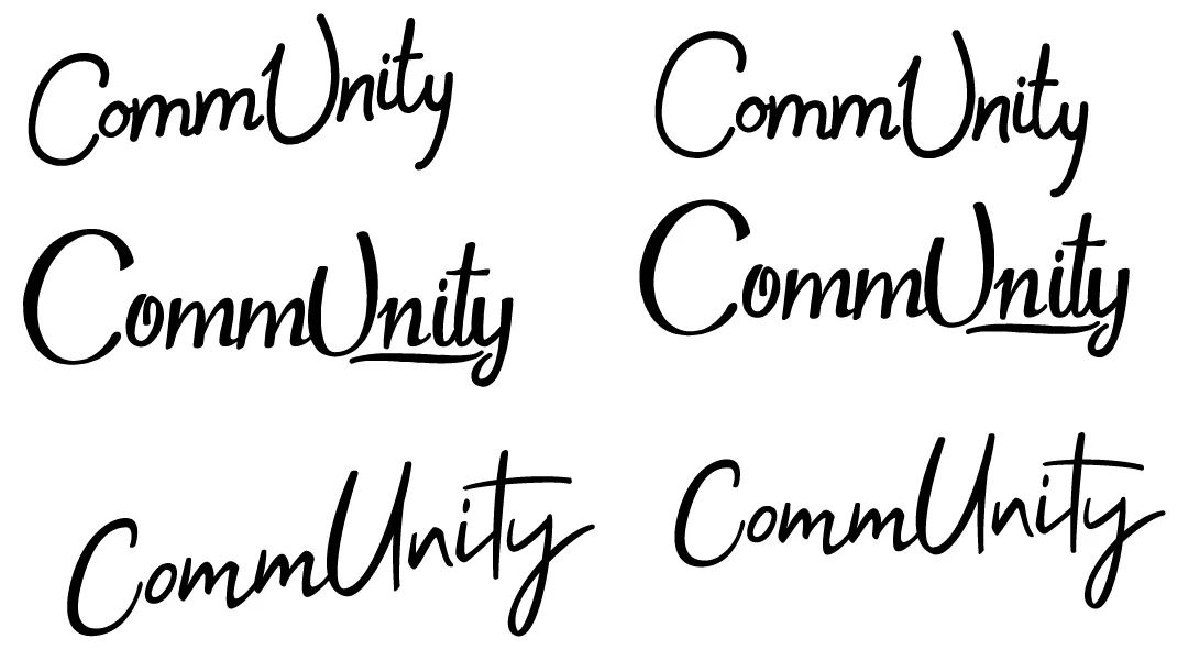 CommUnity logo exploration, lettering studies with 'Unity' emphasized