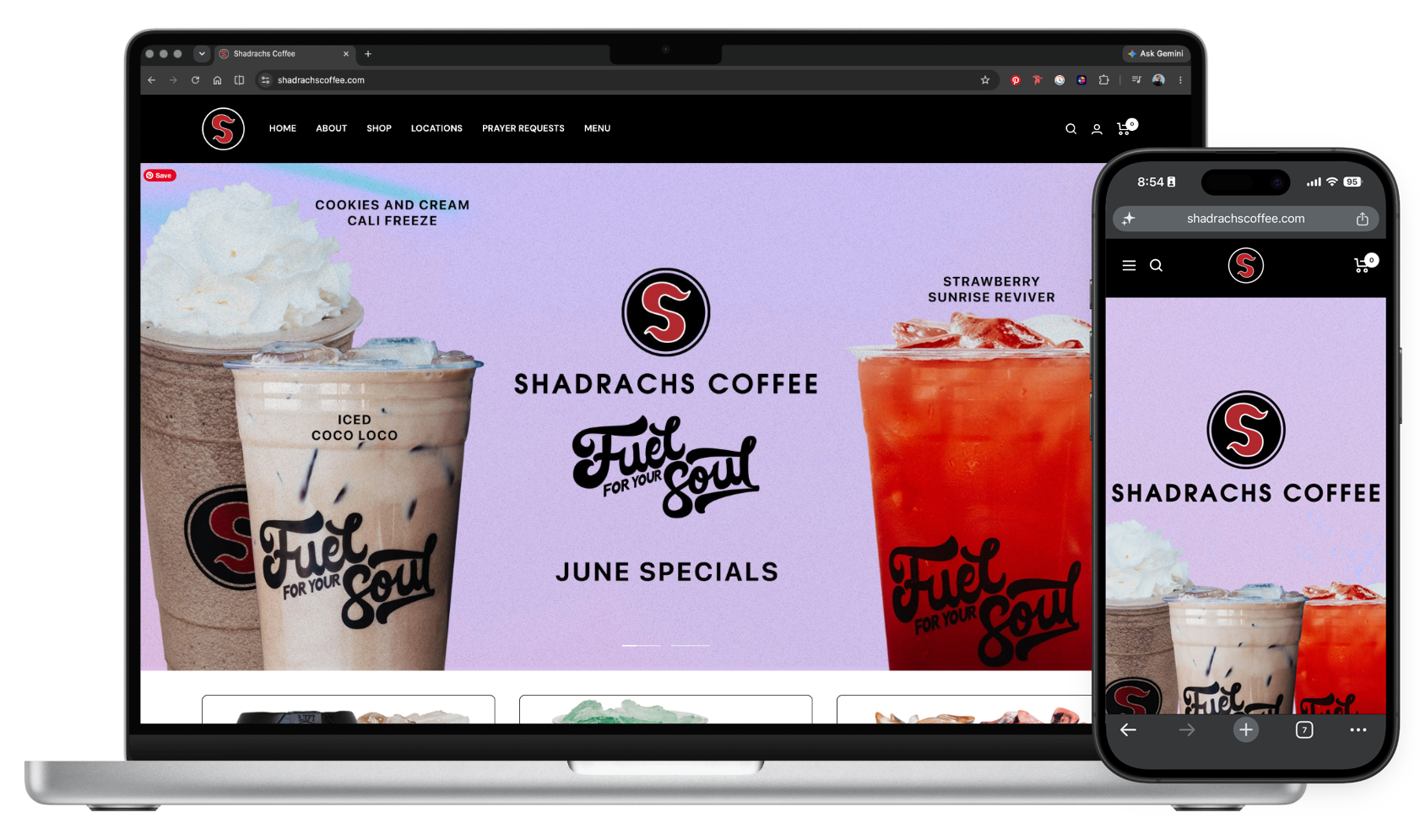 Shadrachs Coffee interface on laptop and phone