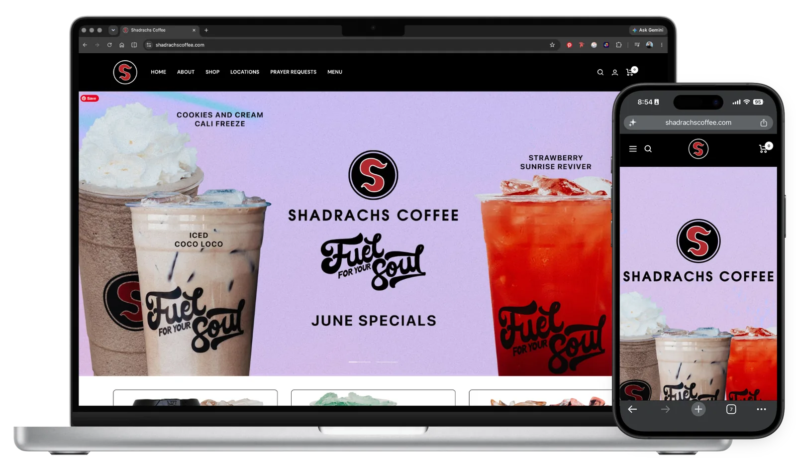 Shadrachs Coffee interface on laptop and phone