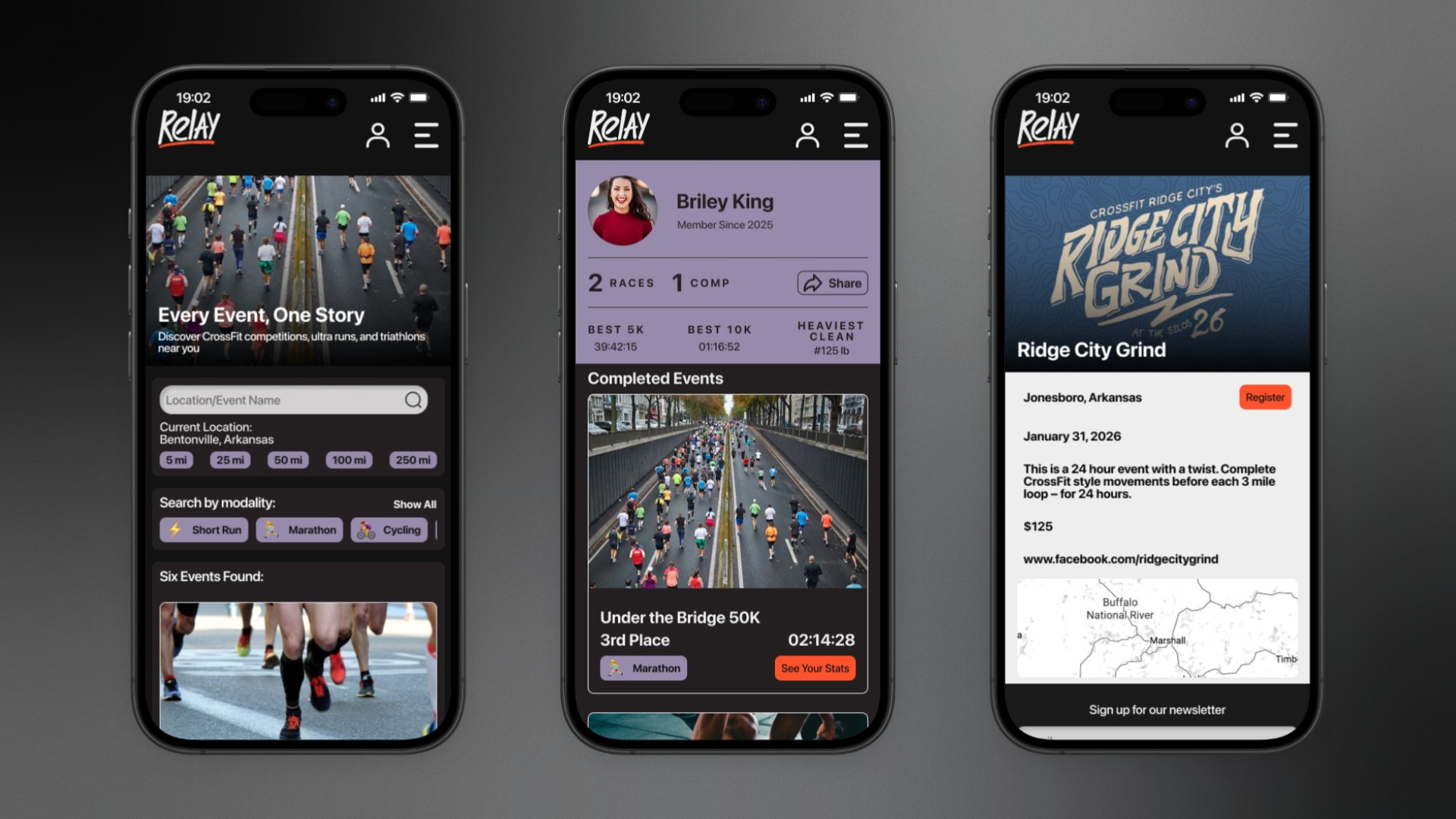 Relay — three app screens