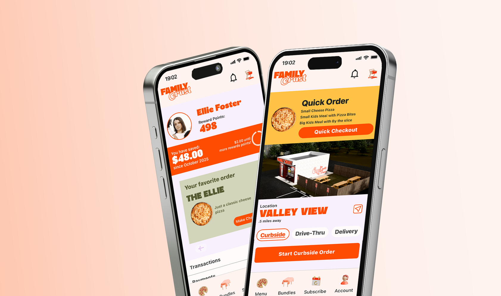 Family Crust ordering app on two phones