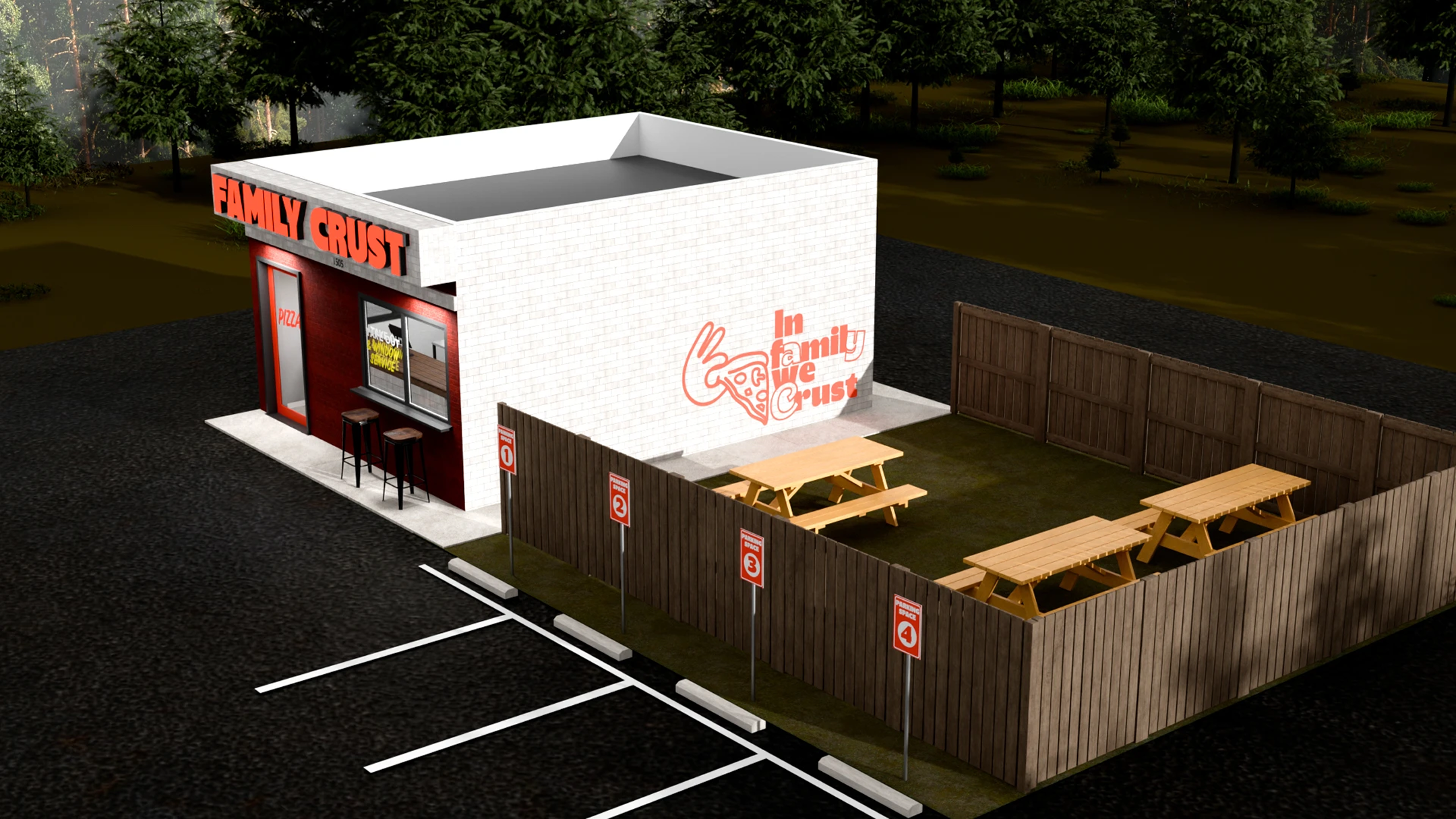 Family Crust restaurant exterior 3D render
