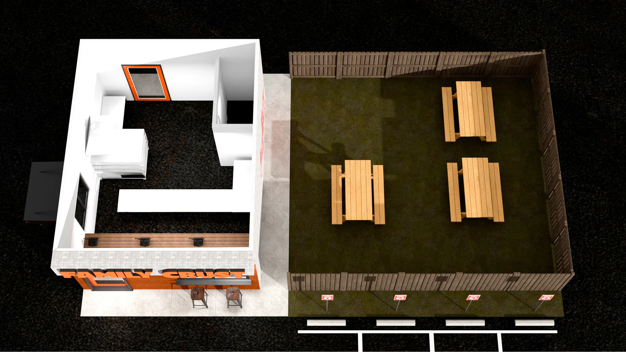 Family Crust restaurant floor plan 3D render