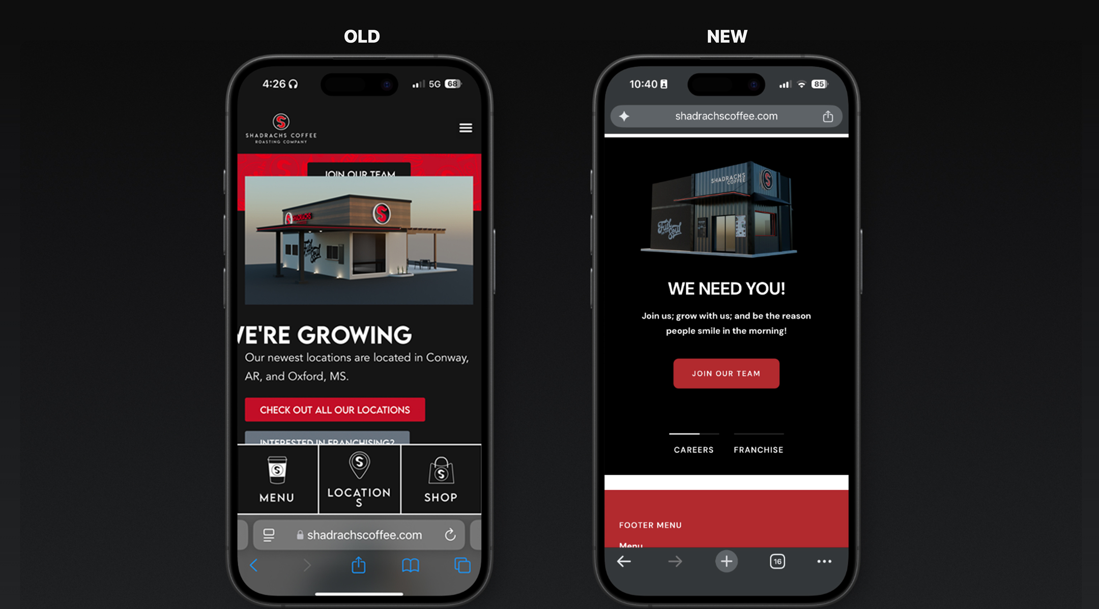 Old WordPress site compared with the new Shopify design